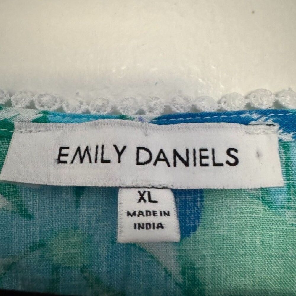 Emily Daniels Size XL Linen Blend Blue Floral Short Sleeve Blouse Tropical Beach - Picture 4 of 5
